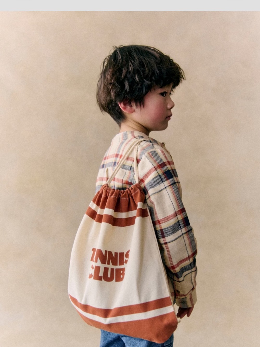 Sézane Kids Drawstring Canvas Tennis Club Bag in Cream & Rust